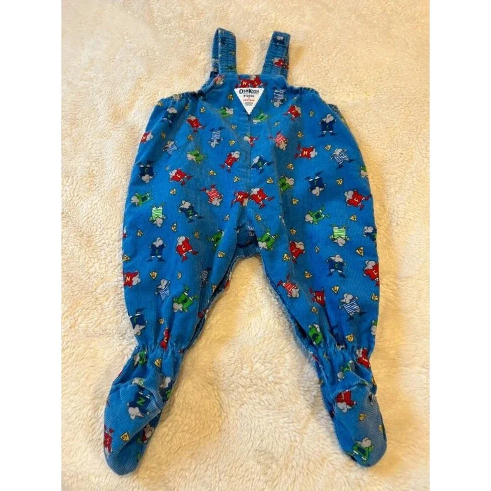Rare Vtg OshKosh B’Gosh Vestbak Corduroy Footie Overalls Baby Boy Mice & Cheese